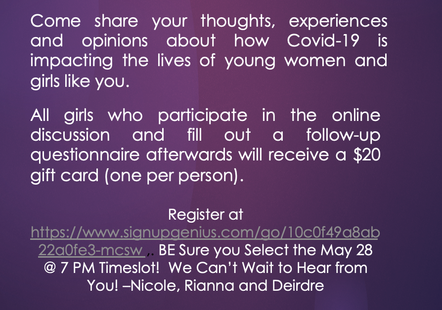 Metrowest_Women's tweet photo. Attention MetroWest Girls! How is Covid-19 impacting your lives and those of your peers/friends/siblings? Please join us for a virtual discussion hosted by our teen interns--Nicole, Rianna and Deirdre! We can't wait to hear from you! Register for May 28 @ 7 PM timeslot! https://t.co/DaHF8sUpJe