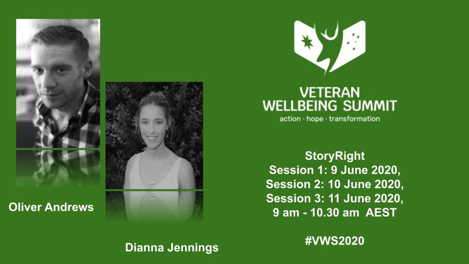 #StoryRIght with Dianna Jennings &amp; Oliver Andrews #online led by the team from .<a href="/StoryRight1/">StoryRight</a> #VWS2020
Limited places for this interactive 3 session workshop.
9,10 &amp; 11 June 9am AEST start. Register here:
ow.ly/CpIo50zGRQQ
#VeteranWellbeing
