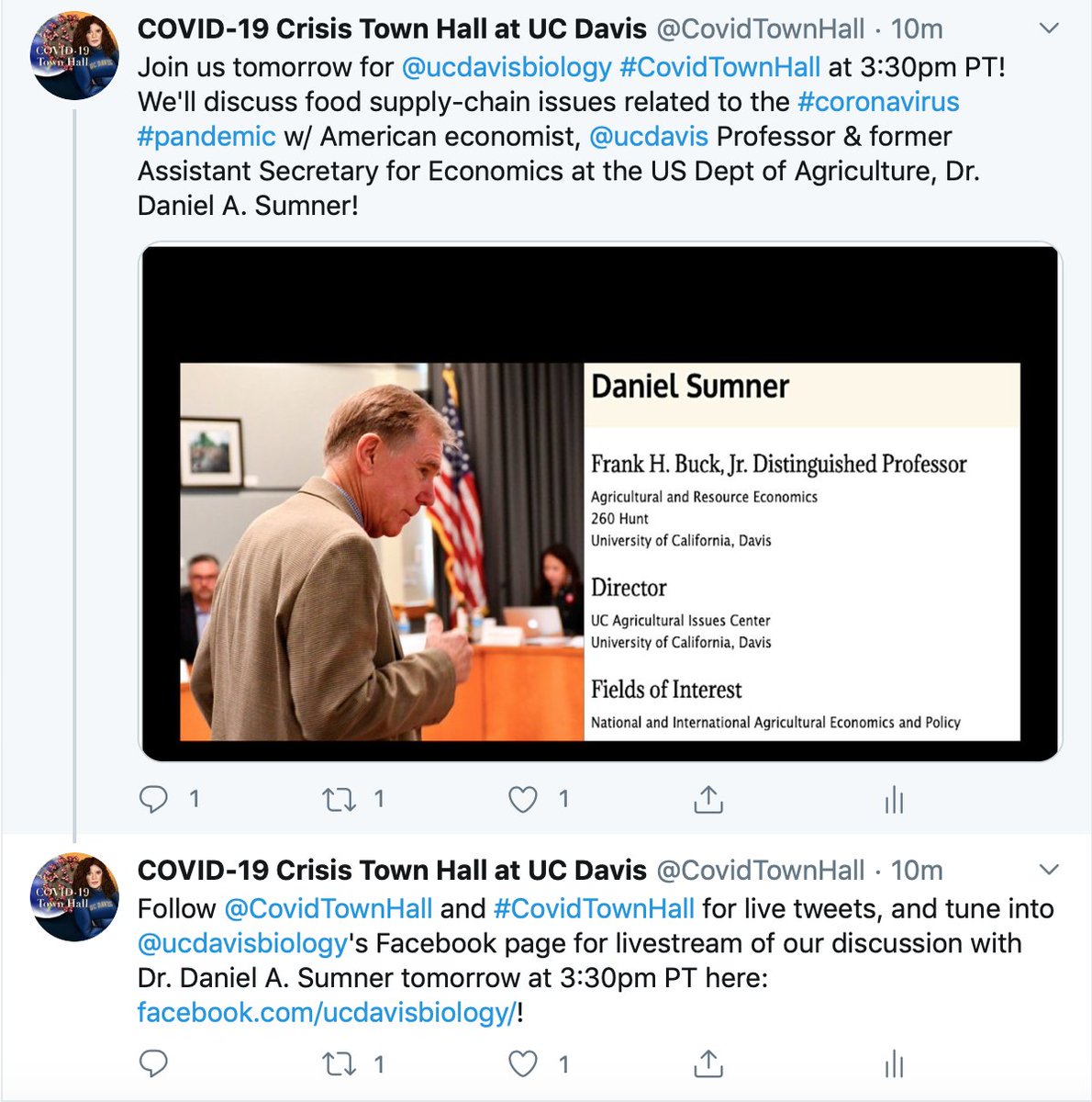 Starting soon at 3:30PT! American Economist Dr. Daniel A. Sumner will be speaking with  @ucdavis students about food supply-chain issues related to the coronavirus pandemic at  @ucdavisbiology's  @CovidTownHall. Live streaming:  https://www.facebook.com/ucdavisbiology/   #CovidTownHall  #Covid19 1/