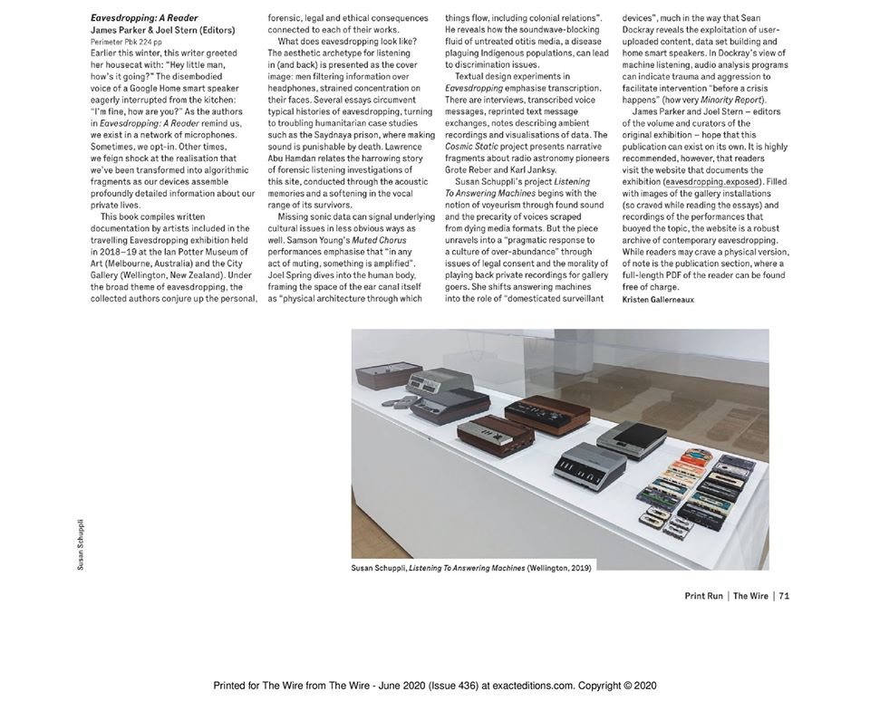 Eavesdropping: A Reader got a really generous/smart write up in <a href="/thewiremagazine/">The Wire Magazine</a>. so grateful. read the book for free here: eavesdropping.exposed/a-reader. pieces by me, Joel Stern, Lawrence Abu Hamdan, Susan Schuppli, Sean Dockray, Joel Spring, Fayen d'Evie, Samson Young, MRPC