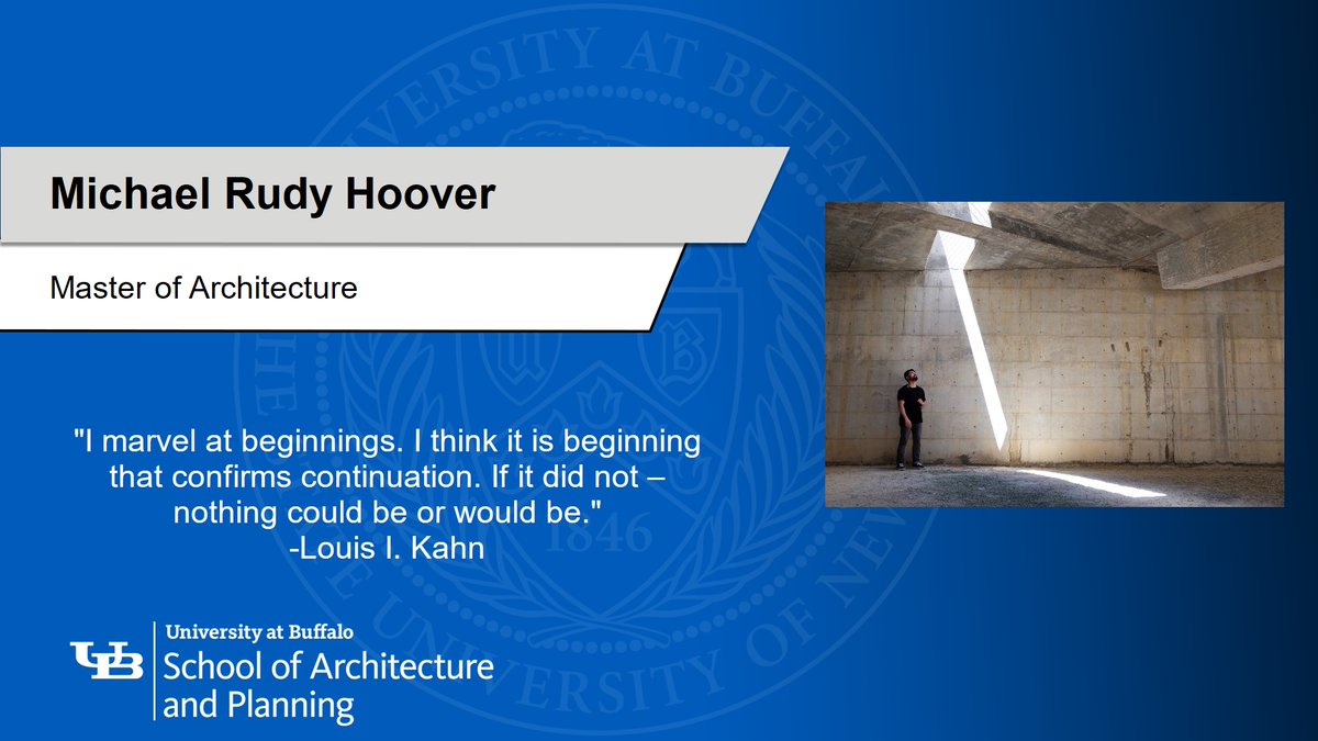 BuffaloArchPlan's tweet photo. Congratulation to Mike Hoover, who earns his MArch today and concludes his study with the Department of Architecture Chair’s Award in recognition of consistent, high caliber design work performed in studio #UBArchPlanGrad2020 #UBClassof2020 #UBuffalo #UBuffaloArchPlan https://t.co/z4zhL4lw3X