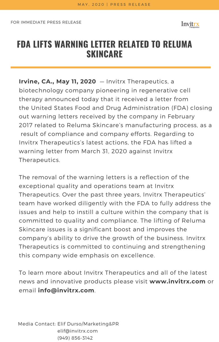 Invitrx's tweet image. FDA Lifts Warning Letter Related to Reluma Skincare Against Invitrx Therapeutics