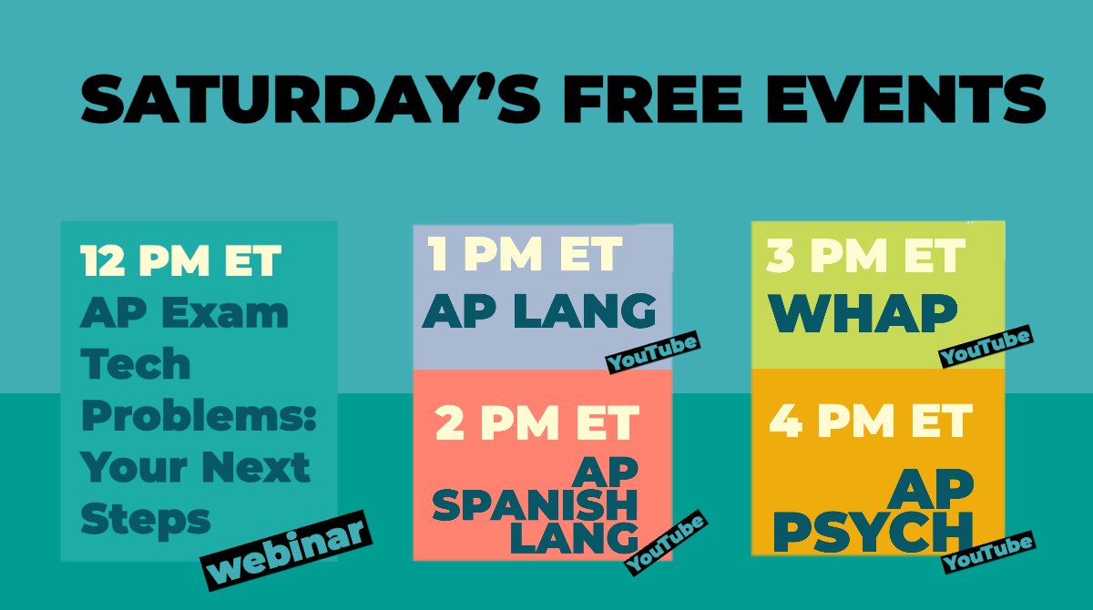 marcolearning's tweet photo. FREE EVENTS TOMORROW! John is hosting a webinar at 12 PM ET to discuss tech issues and next steps for AP students.
Register: https://t.co/Z6h9ugsfOe
We're also hosting Saturday Sessions for #APLang, #WHAP, #APpsych and #APSpanishLanguage!
Watch: https://t.co/Xe69vj2UAw https://t.co/MFiRbE13wv