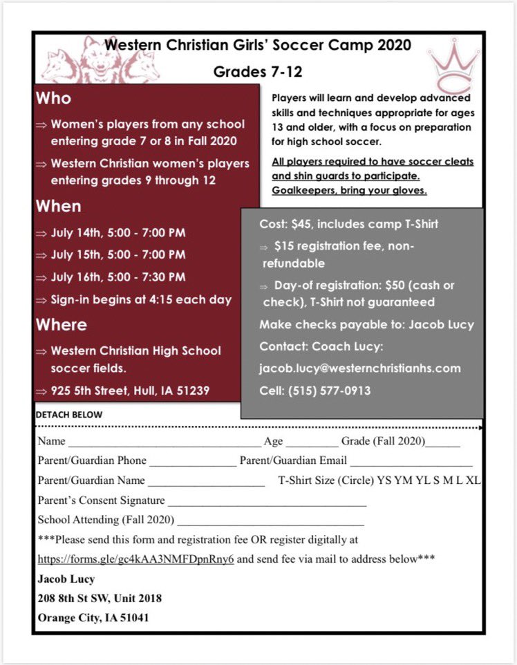 ❗️❗️SUMMER SOCCER CAMP ❗️❗️

July 14 and 15 for girls’ soccer players entering grades 3-6 and July 14-17 for grades 7-12! 

Don’t miss this chance to get outside, have fun, and learn from Coach Lucy and former Wolfpack players!

More information below! ⬇️⬇️⬇️