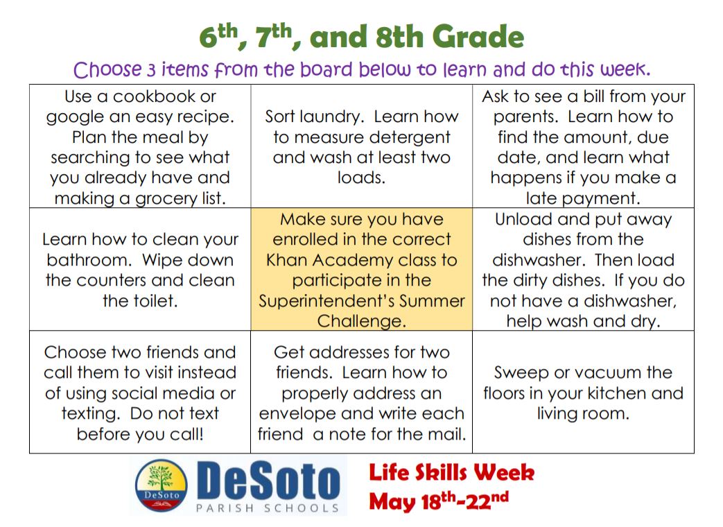 ClayCorley's tweet photo. @DesotoParish students will get back to the basics next week with a little "old school" Life Skills bingo. Students check your Google Classrooms and accept the challenge.  #GameOn #TheDeSotoDifference #DeSotoStrong https://t.co/PEaBcsjJMr