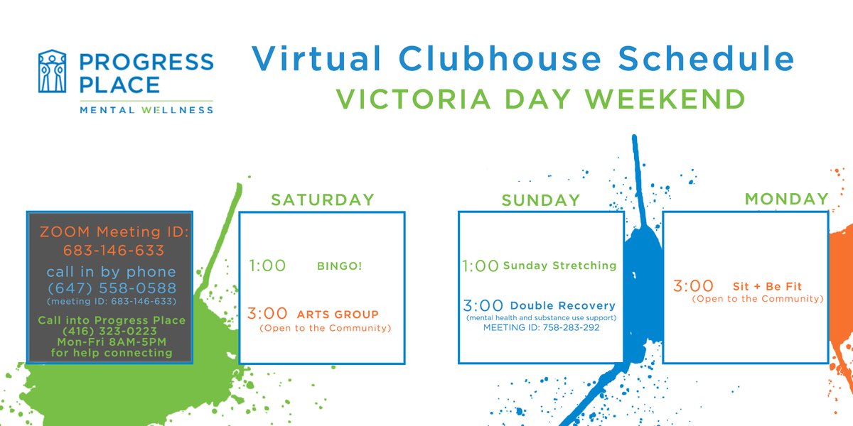 Progress_Place's tweet photo. Our services aren't stopping over the Victoria Day Weekend! We will be continuing on with our extended Warm Line (noon-midnight), food security provision, and virtual support activities. Have a look at our schedule here!

#ClubhouseWorks #Toronto #ProgressPlace #MentalHealth https://t.co/cTg576fIj8
