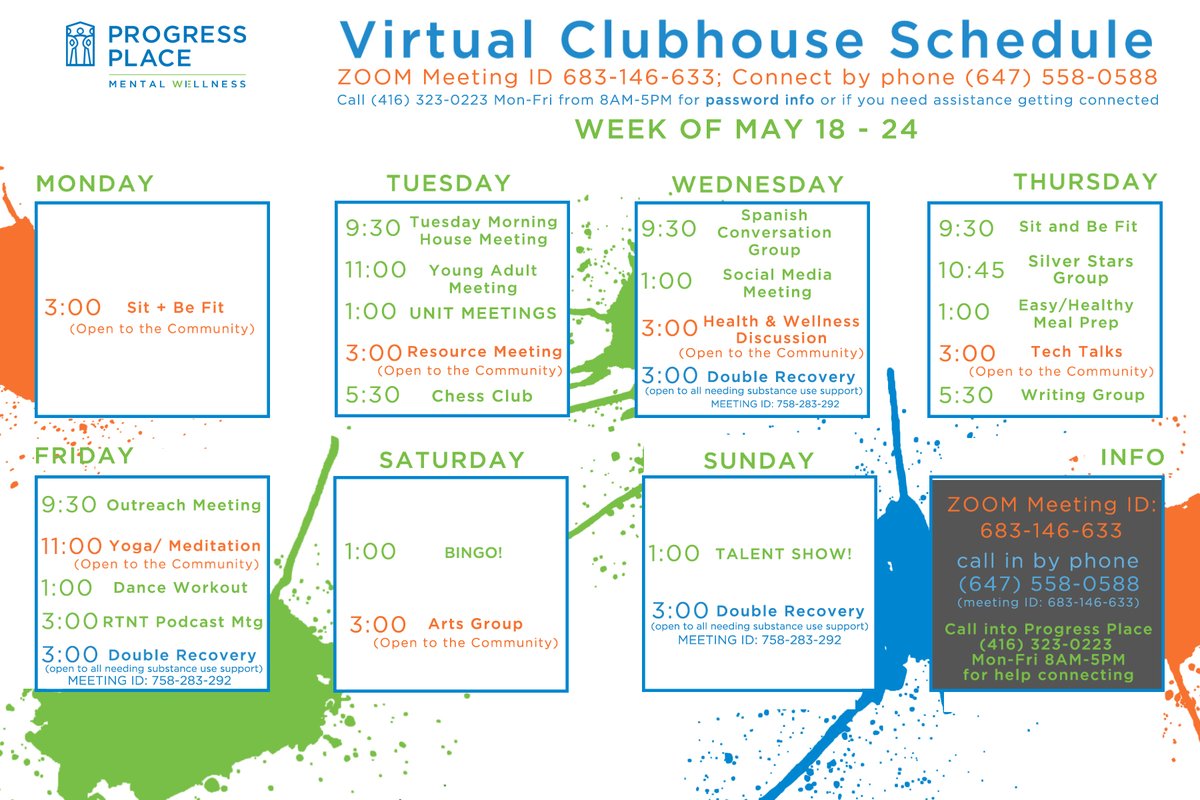 Progress_Place's tweet photo. Our services aren't stopping over the Victoria Day Weekend! We will be continuing on with our extended Warm Line (noon-midnight), food security provision, and virtual support activities. Have a look at our schedule here!

#ClubhouseWorks #Toronto #ProgressPlace #MentalHealth https://t.co/cTg576fIj8