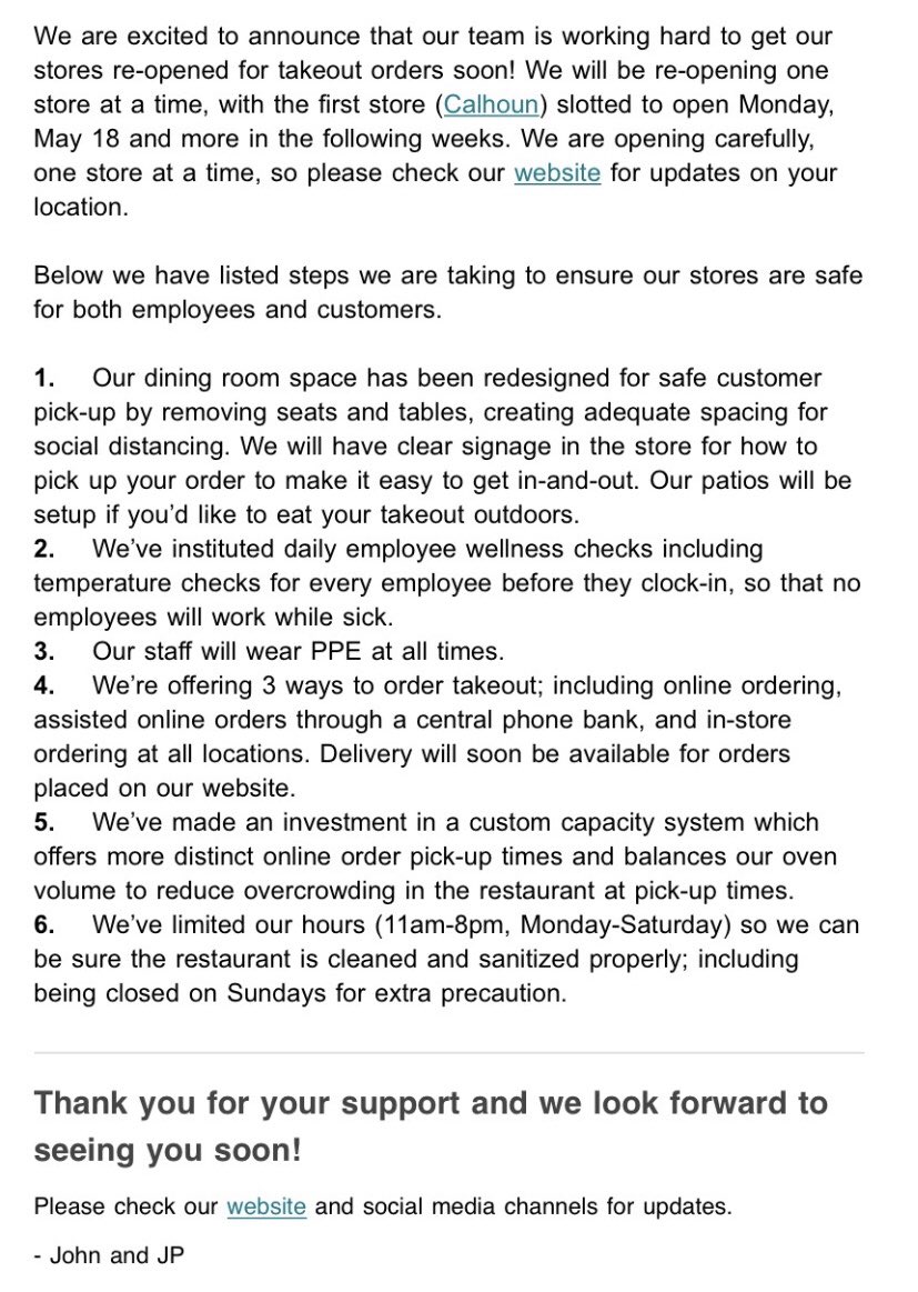 PunchPizza's tweet photo. Excited to announce our team is working hard to get our stores re-opened! First location (Calhoun) will re-open for takeout on Monday May 18. Check https://t.co/POrh76EHQK for how to order and updates on other store openings. https://t.co/1Dx34WW4XP