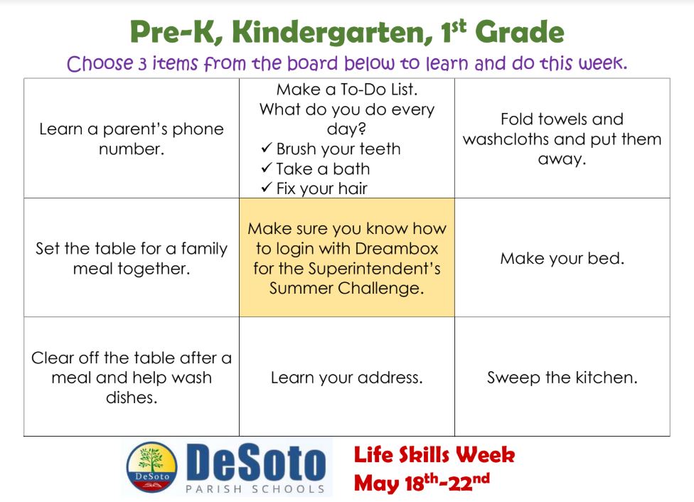 ClayCorley's tweet photo. @DesotoParish students will get back to the basics next week with a little "old school" Life Skills bingo. Students check your Google Classrooms and accept the challenge.  #GameOn #TheDeSotoDifference #DeSotoStrong https://t.co/PEaBcsjJMr