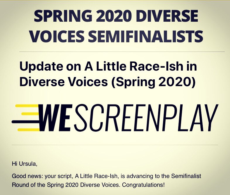 UrsulaTaherian's tweet photo. So excited my #pilot A LITTLE RACE-ISH just made the #semifinals of the WeScreenplay Diverse Voices Writing Lab! Thank you @WeScreenplay for championing #diverse #writers and stories! Congrats to all! #screenwriting #tv #writer #wescreenplay #tvwriter #WritingCommunity #amwriting https://t.co/MZ2N83j8yF