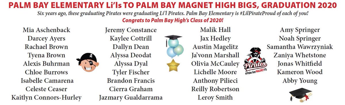 PalmBayMagnetHS's tweet photo. Thank you @PalmBayEl for publishing your alumni students who are graduating.  Thank you for the Li'l Pirate love!  Thank you Hometown News Brevard #LilPiratePride #2020PirateGrad #PiratePride @BrevardSchools https://t.co/SkPeoWFUL0