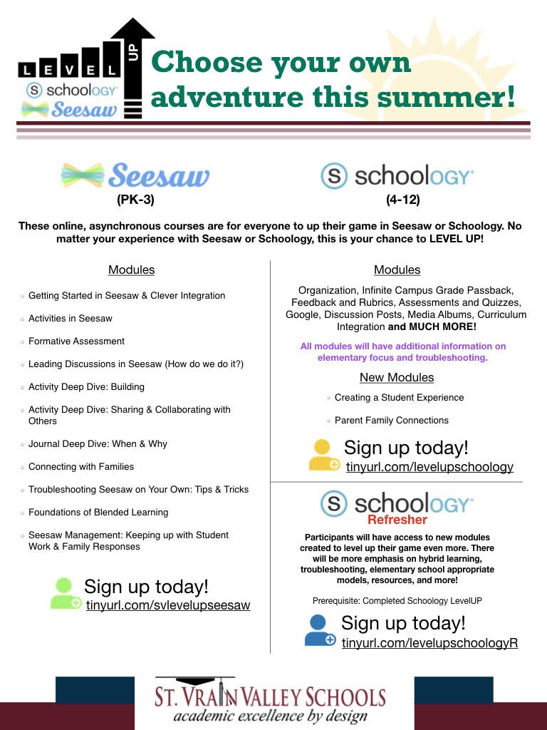 DigiLearnSVVSD's tweet photo. Schoology Level Up PD is back with additional focuses on 4-5th grade, parent and family communication, school based resources, and much more! 
https://t.co/3Ek76Z0pRq
PK-3 teachers be sure to check out Seesaw Level UP!
https://t.co/kJeklx2sIN https://t.co/tsgThkuQ1B