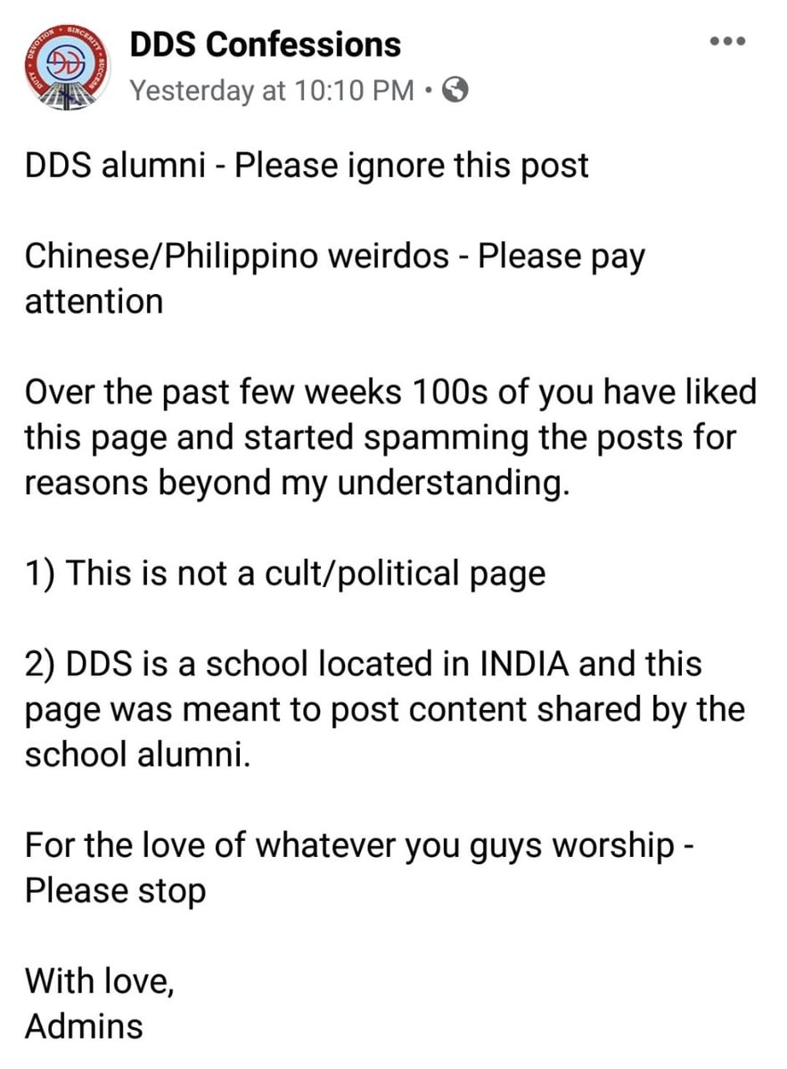 Everything was fine but when Duterte Supporters saw this page with DDS acronym, they started spamming the page so much that the admin had to put out this post clarifying it has nothing to do with their president.