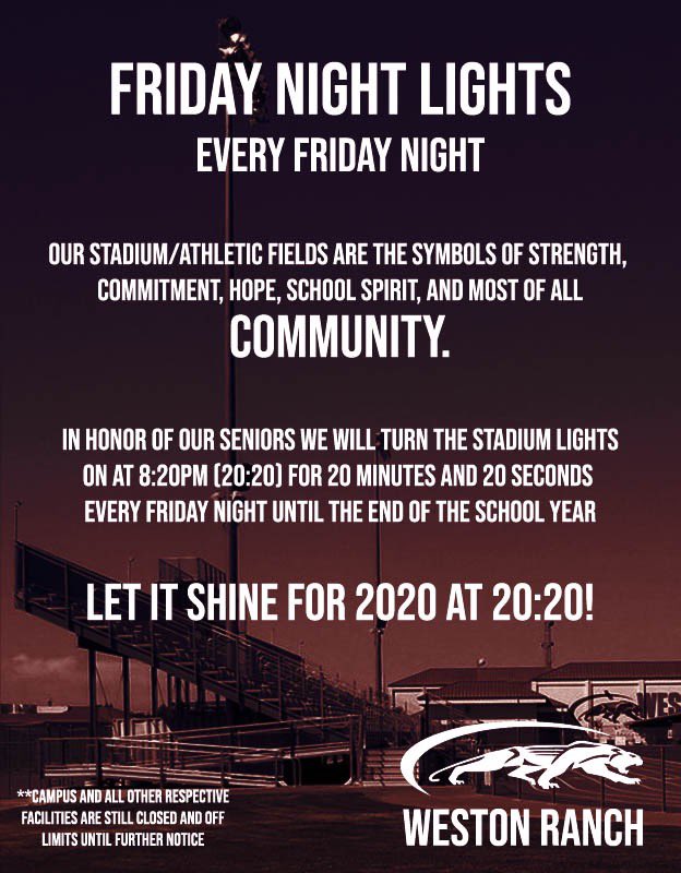 Seniors, don’t forget we turn on the stadiums lights for the Class of 2020 tonight. Put on your caps and gowns and cruise on by. Take a pic and retweet it to us. (Please practice social Distancing and safety). Enjoy!  🐾🎓<a href="/wrhsco2020/">CLASSOF2020</a>