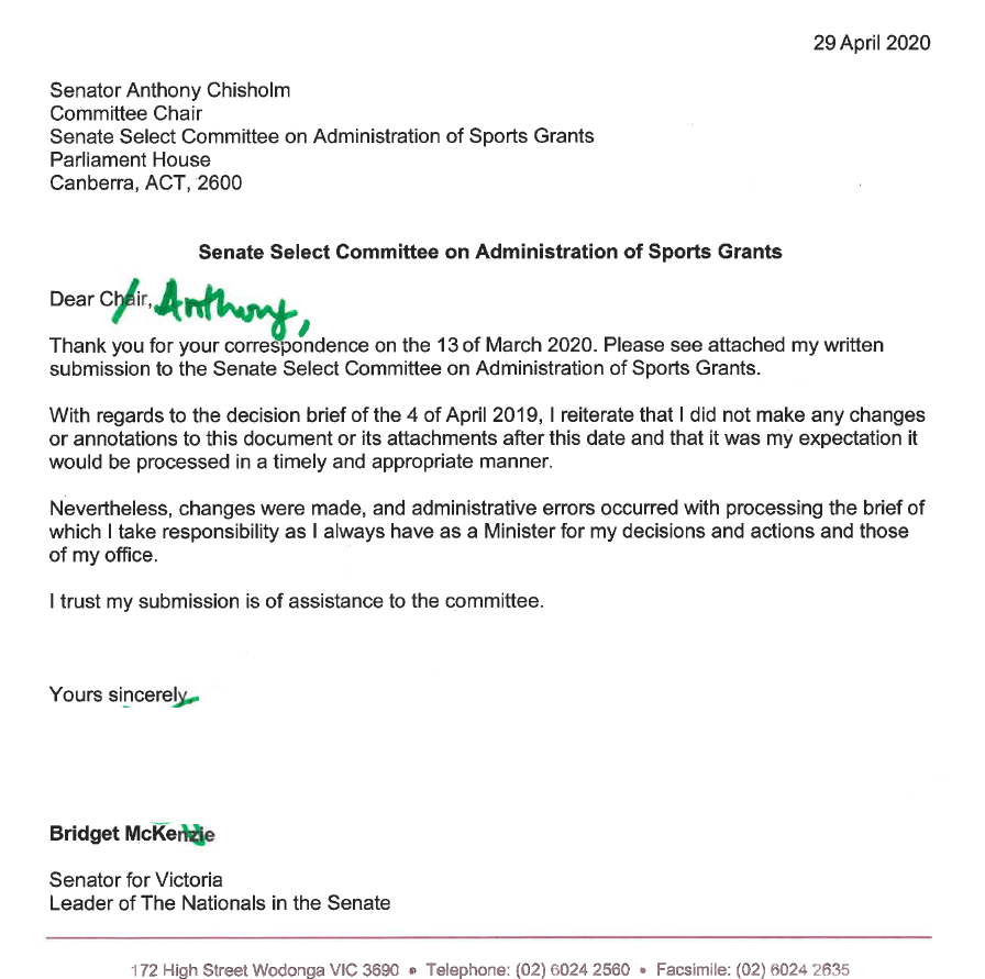 Firstly, why did you use a green texta to sign the cover letter of your submission to the Committee?It may seem slightly trivial but it's a highly unusual thing to do when signing a legal document. Official docs are to be signed in blue or black ink #auspol  #sportsrorts