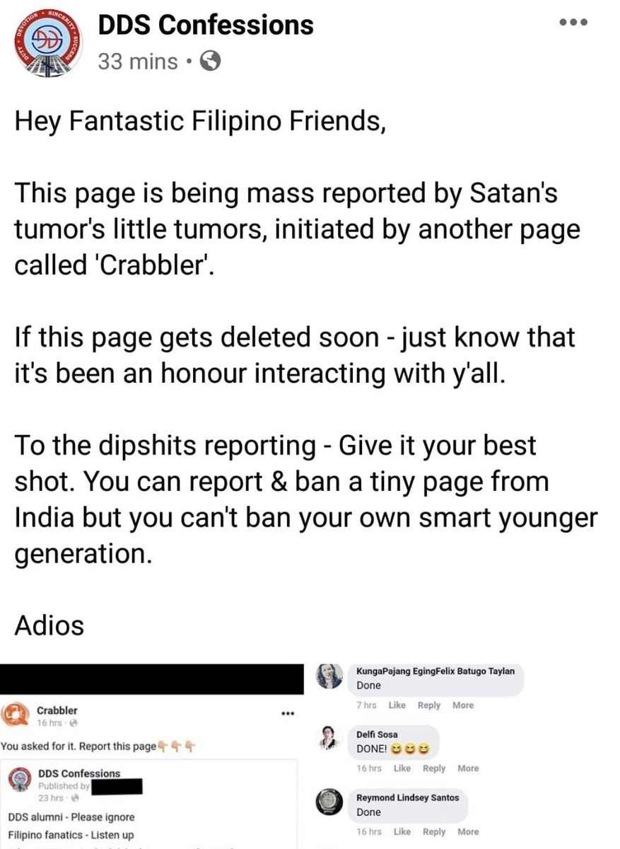 The mass reporting of this page is still going on. You can check all shitfest directly on the Facebook page (till it survives)  https://www.facebook.com/ddsconfessions/?ref=py_c