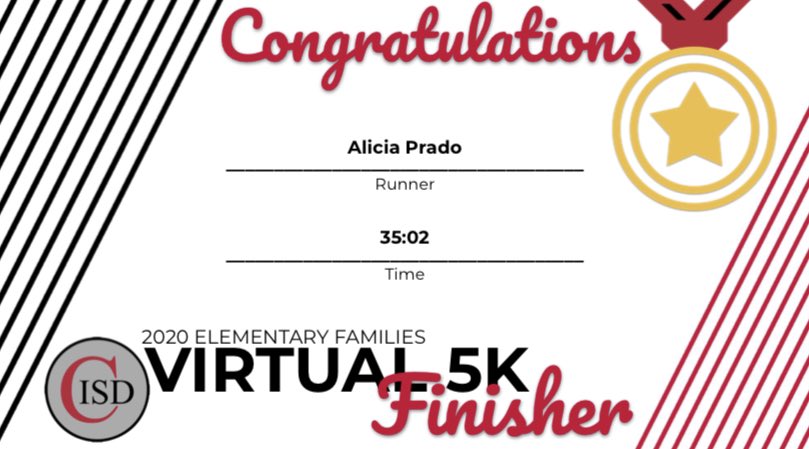 aliciaprado6's tweet photo. What a #friyay #CISDrunforfun Virtual 5K completed! @DCEtrailblazers #CISDTogetherAtHome We are getting stronger every day! https://t.co/yjUmAVPd7E