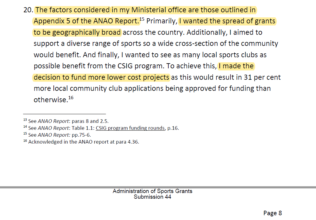 At 20. You state in your submission "I wanted the spread of grants to be geographically broad"& At 21."I requested a report detailing proportional data on the number of projects and funding amount by state and electorate" #auspol  #sportsrorts