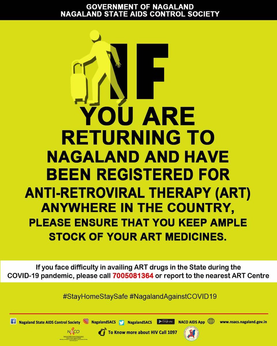 NagalandSacs's tweet photo. Important message for People Living With HIV #IAmStranded #ReturningToNagaland #KeepAmpleStockOfARTMedicine #ContactARTCentre #Nagaland #WeCare #Dial1097 @NACOINDIA https://t.co/x6HQez6rLP