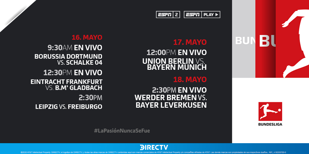 ¡Excelentes noticias! 🙌 ¡El día de mañana marca el primer regreso del #FútbolEuropeo! RECARGA o PAGA desde la web de tu banco y disfruta de la Jornada 26 de la #BUNDESLIGA ⚽ 🏃‍♂️ Con los próximos encuentros el 16, 17 y 18 de mayo. Lo verás en ESPN2 📺 624 #LaPasiónNuncaSeFue