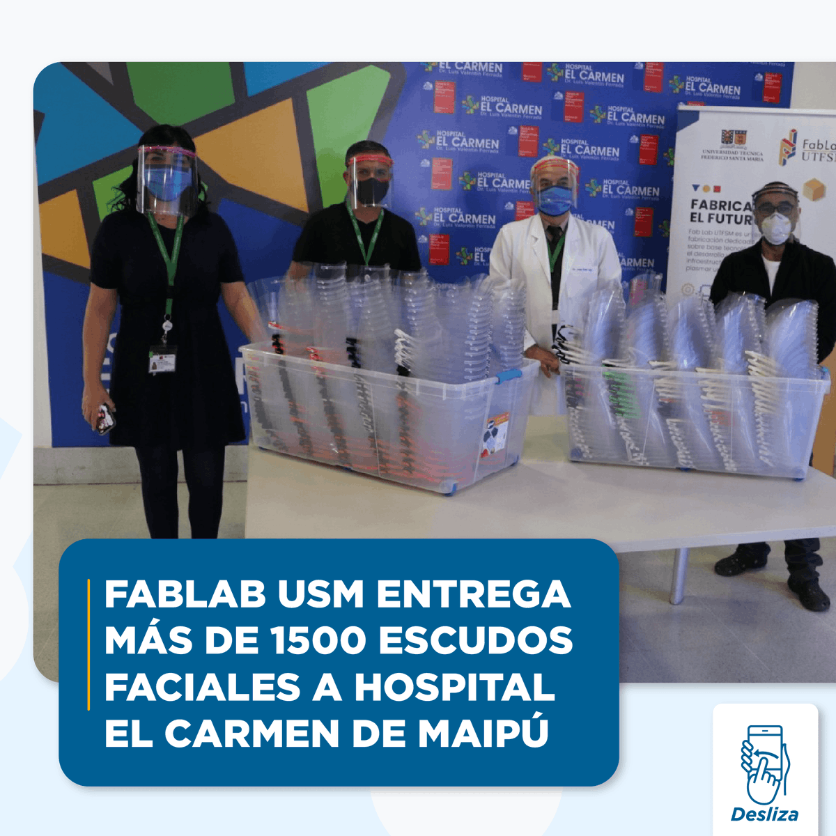 usantamaria's tweet photo. Hoy el @fablab_utfsm completó la entrega de más de 1500 escudos faciales para el Hospital El Camen de Maipú @HECMaipu 
-
Más información: https://t.co/HlsxdGGlrm https://t.co/CICp36nMB1