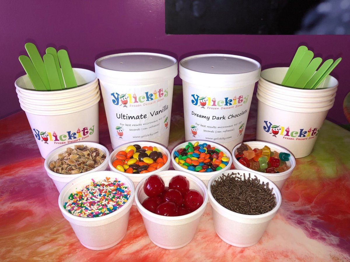 YOLICKITY's tweet photo. Sundae fun pack! You select two 30oz to go containers (any yogurt, custard or ice cream flavors), six toppings/sauces, 10 cherries, 10 cups and spoons. $25.  Available now for takeout, curbside and delivery! All locations! #froyo #sundae #RochesterNY #rochester #dessert https://t.co/e2wKFMErMd