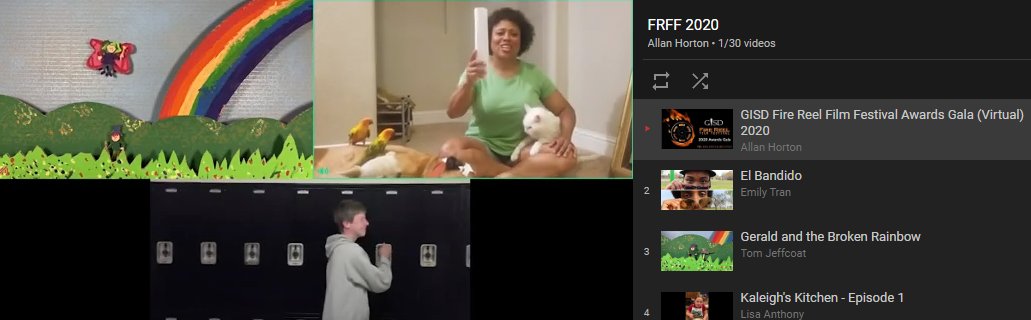 GISD_FireReel's tweet photo. Animation? Cooking? Comedy?
Whose film are you watching for?

2020 Fire Reel Film Festival Awards Gala (Virtual Edition) is on NOW! 

#FRFF 2020 YouTube Playlist including a selection of this year's entries : https://t.co/HVSCM0oYol

#GarlandISD @gisdnews @GISD_Technology https://t.co/unLP6fGo1O