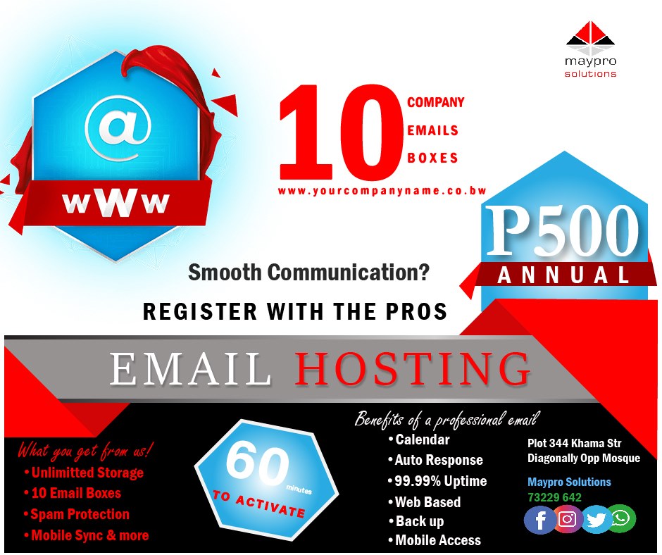 MayproSolutions's tweet photo. Company Email Registration
#Botswana #EMAILHOSTING #DOMAINNAME #TLasleepBW https://t.co/XMYmwM30nn