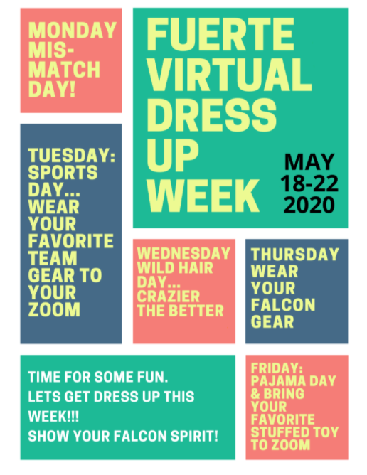 Fuerte_Falcons's tweet photo. We're 4 weeks in to Distance Learning and we're crushing it! Let's celebrate and show our school pride with a virtual spirit week next week! #BeMoreFuerte @CajonValleyUSD https://t.co/eFYUa1C0hE