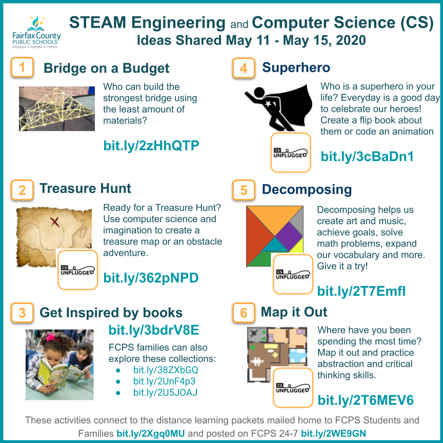 FCPSSTEAM's tweet photo. In the week ahead, we’ll use #FCPSSTEAM practices and #CSinFCPS to share and discover new interests. More activities that make learning fun pictured here and connected to packets mailed home https://t.co/A4CDC8R0hq. @prc_fcps @FCPSRegion1 @FCPSR2 @FCPSR3 @Region4FCPS @FCPSR5 https://t.co/yNdJgn9Lb6
