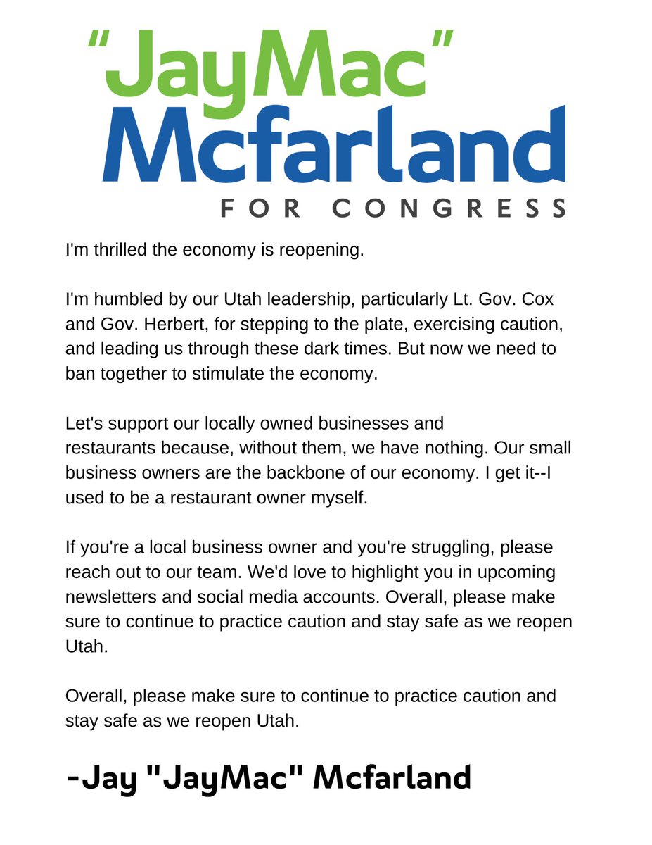 JayMcfarland's tweet photo. I'm thrilled the economy is reopening.
Are you frustrated or happy about this move? Why or why not?
#reopenslc #reopenut #yellow #utpol #jaymacpack #jaymac2020 #mcfarland2020 #utgop #ut04 #ut4 #covid #supportlocal https://t.co/Kj0j4bKWzG