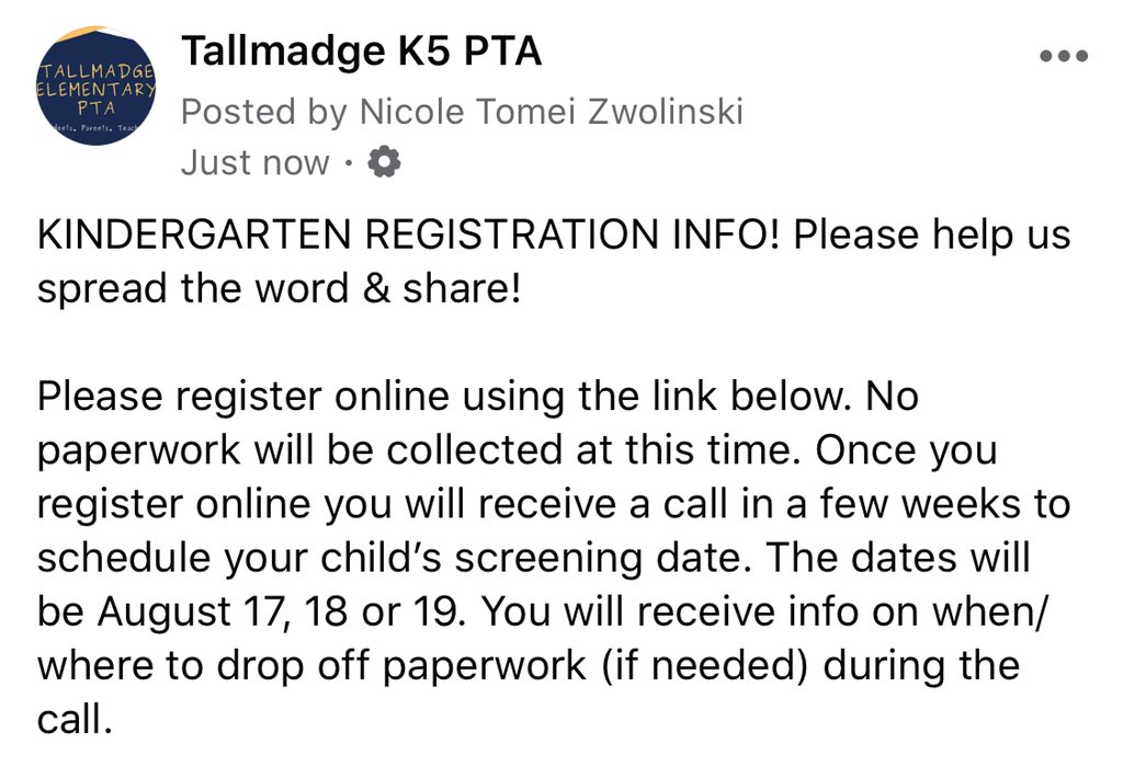 TallmadgeK5PTA's tweet photo. KINDERGARTEN REGISTRATION INFO! Please help us spread the word &amp; share! 
https://t.co/8sfgR2vzDc https://t.co/oUTtHUKfB7