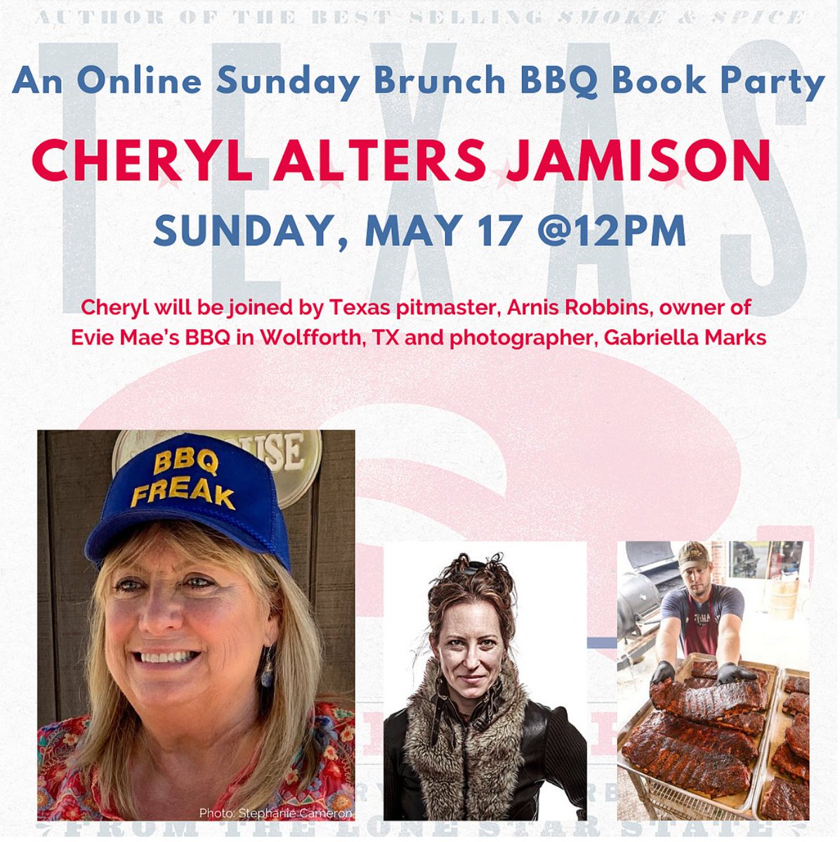 CWKSantaFe's tweet photo. Join four time James Beard Award-winning cookbook author @newmexcheryl this Sunday to celebrate the release of her newest cookbook, TEXAS Q!  
The online Sunday Brunch BBQ Book Party will take place this Sunday, May 17, at 12pm on Zoom! (https://t.co/ZePgYVOJLh)
Be there! https://t.co/JpbTdXGR0y