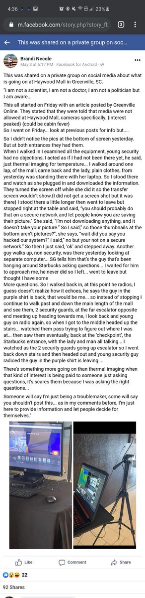 Stockmeup2's tweet photo. $mark ATTENTION ACTUAL PROOF!!!!! Here's a facebook post picture of actual proof from a regular person (not a trader) who was shopping at Haywood Mall and noticed thermal cameras at the entrance and took pics and posted it to her Facebook. you can clearly see this is Mark tech https://t.co/90FZQ6jG5s