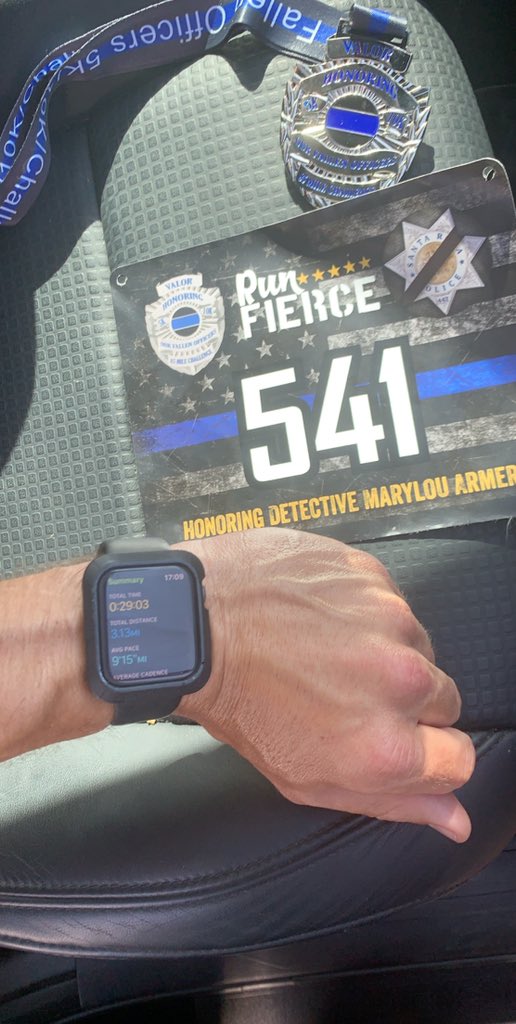 OfcJohnFisher's tweet photo. 5k a day completed with a slow and simple 5k! Got my bib today... realized I should’ve customized the bib with my badge number! Doh! And as always, in #BlueForMarylou @SantaRosaPolice https://t.co/inw7aK1OKB