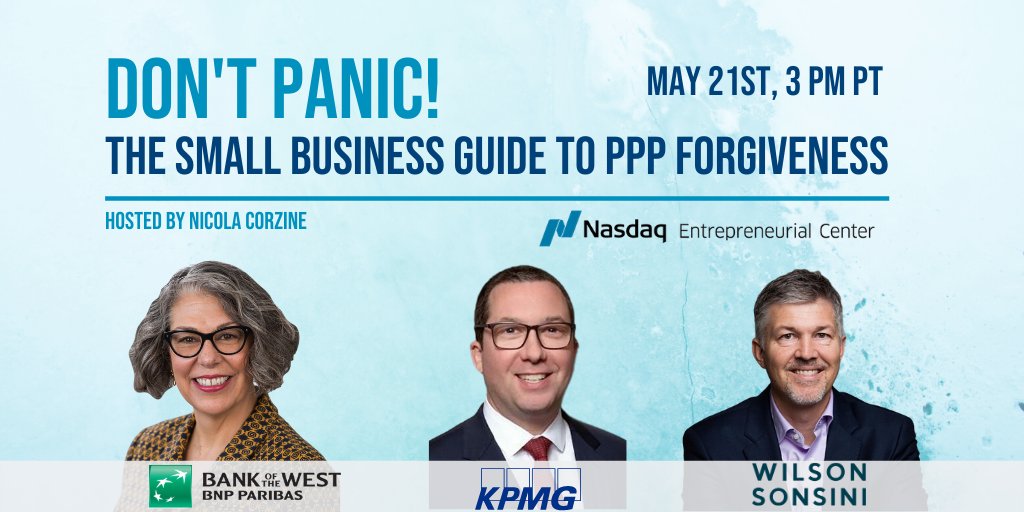 Next week we bring together experts from <a href="/BankoftheWest/">Bank of the West</a> , <a href="/KPMG_US/">KPMG US</a>  &amp; <a href="/wilsonsonsini/">Wilson Sonsini</a> on Thursday May 21st at 3pm PT for The Small Business Guide to PPP Forgiveness!

Register for your spot now:
bit.ly/2WTzU56

#entrepreneurship #smallbusiness #finance #pppforgiveness