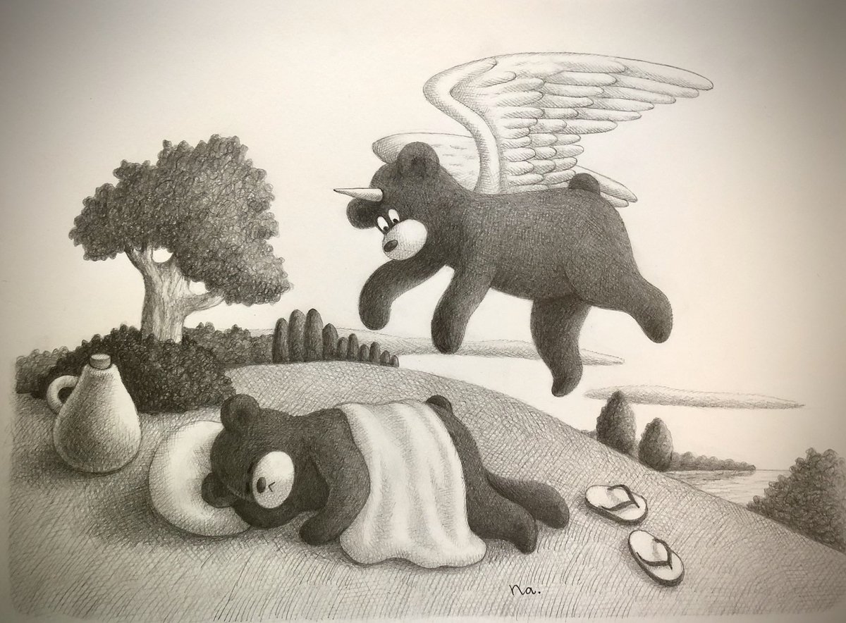 ななべい 𝒩𝒶𝓃𝒶𝒷𝑒𝒾 ペガサスになった夢を見た ななべいキャラ 鉛筆 イラスト Illustration くま Bear ペガサスは角ユニコーンは翼