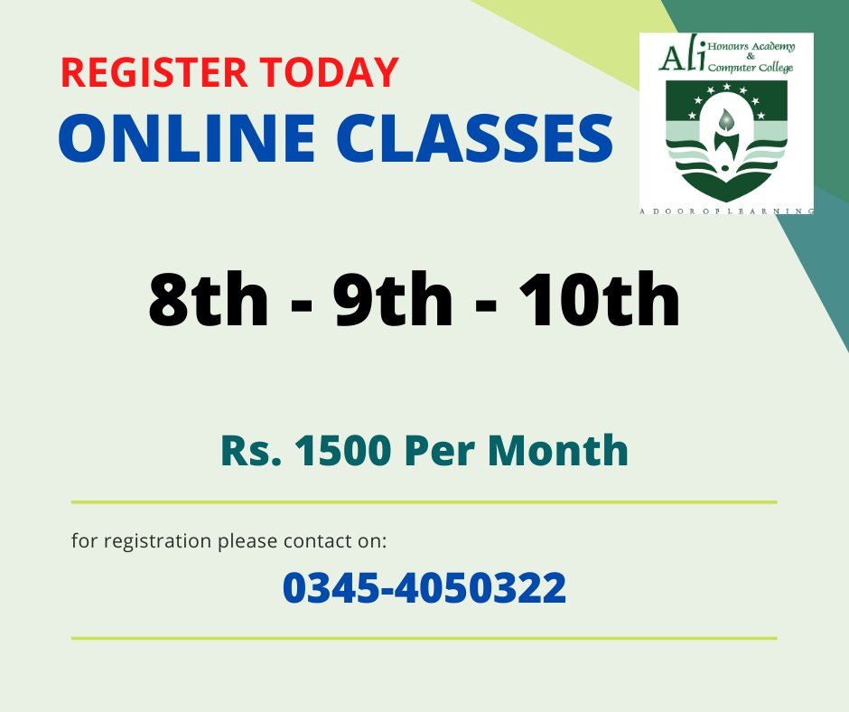 #Online_Class
#8th #9th #10th
Rs. 1500 Per Month
For registration contact on: 0345-4050322