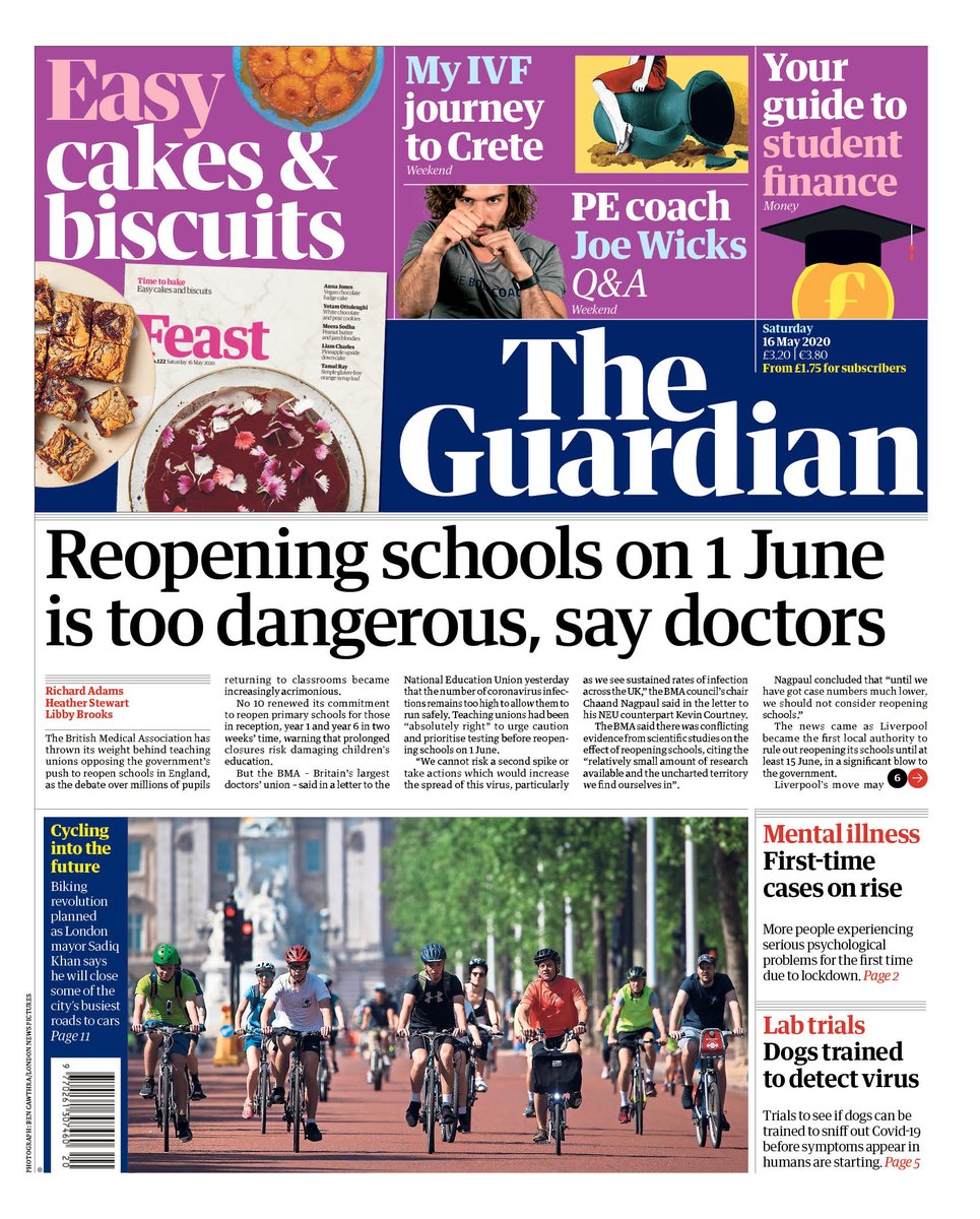 guardian's tweet image. Guardian front page, Saturday 16 May 2020: Reopening schools on 1 June is too dangerous, say doctors