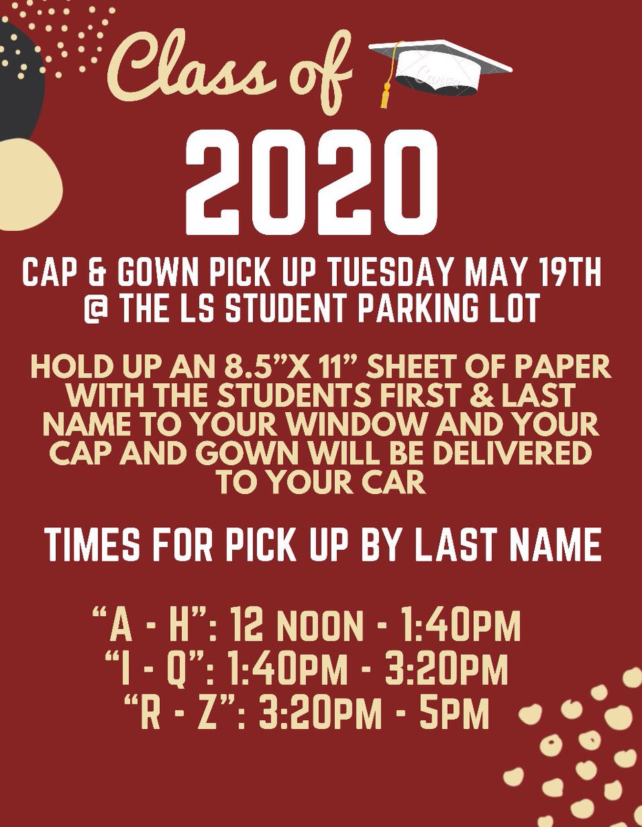 Cap and gown pick up this Tuesday from 12-5 in the La Serna parking lot! If you have not purchased a cap and gown, you can buy one on Jostens.com 48 hours before pickup or bring $55 exact change to the parking lot.