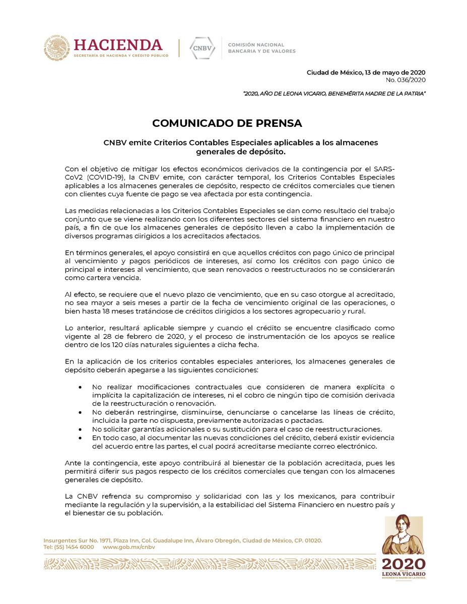 RepComplianceMx's tweet photo. ✅¡AUTORIZADOS!👍Para #AlmacenesGeneralesDeDepósito🏬y @FNDMX🚜la @cnbvmx emite #CCE➕Registros Contables Especiales📒temporales: #Créditos comerciales con fuente de pago afectada por contingencia #COVID19 renovados/reestructurados No serán Cartera Vencida.
#CNBV #RepComplianceMx https://t.co/OkLwfDgBnh