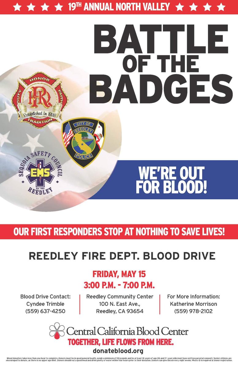 djimenez22's tweet photo. #BattleOfTheBadges @ReedleyPolice @reedleyfiredept #SequoiaSafetyCouncil #ReedleyCa
#Out4Blood 🚔🚒🚑 Still anhour to go💉 https://t.co/36M55eBvLG