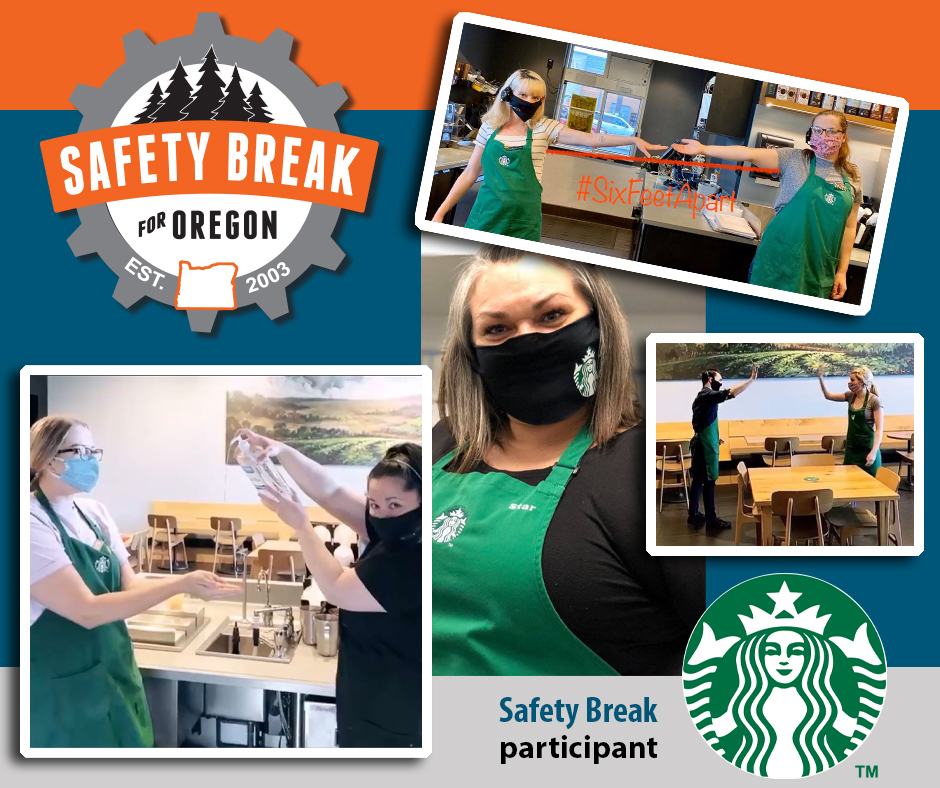 OregonDCBS's tweet photo. Employees at @Starbucks in #Oregon participated in #SafetyBreak this week. Some examples of how they have celebrated safety & health in the workplace include wearing fashionable facial coverings and encouraging positive team spirit & teamwork with physical distancing high-fives. https://t.co/fd50bouq6i