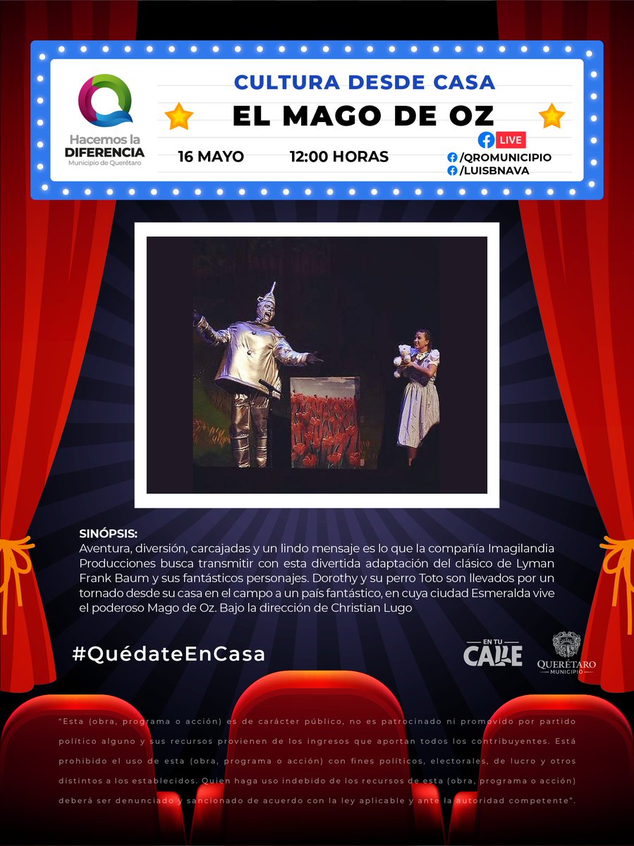 qromunicipio's tweet photo. Este fin de semana #QuédateEnCasa y disfruta de las transmisiones que hemos preparado para ti. ¡No te lo pierdas!

📆Sábado 16 de mayo a las 12 p.m. El Mago de Oz
📆Domingo 17 de mayo a las 7 p.m. Un viaje entre boleros https://t.co/SNl4k8mgRM