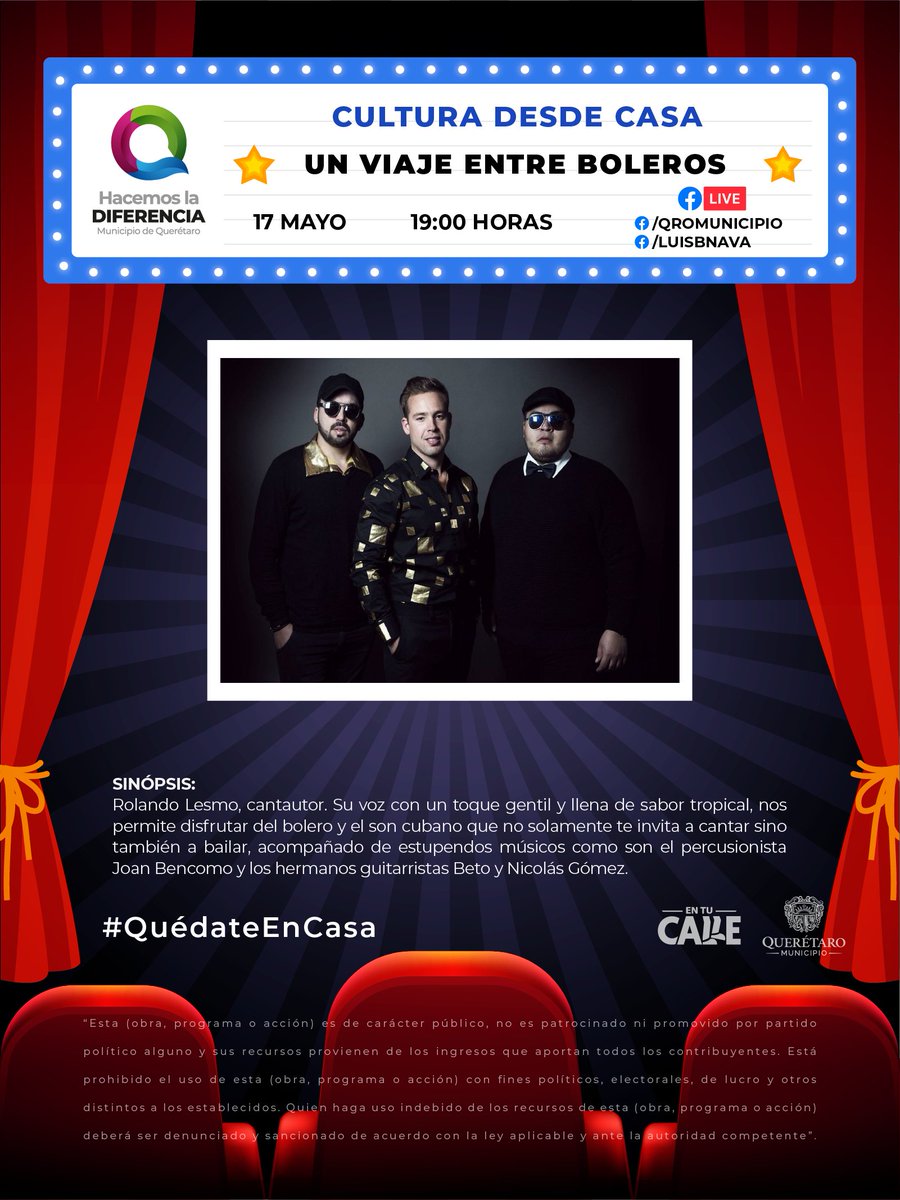 qromunicipio's tweet photo. Este fin de semana #QuédateEnCasa y disfruta de las transmisiones que hemos preparado para ti. ¡No te lo pierdas!

📆Sábado 16 de mayo a las 12 p.m. El Mago de Oz
📆Domingo 17 de mayo a las 7 p.m. Un viaje entre boleros https://t.co/SNl4k8mgRM