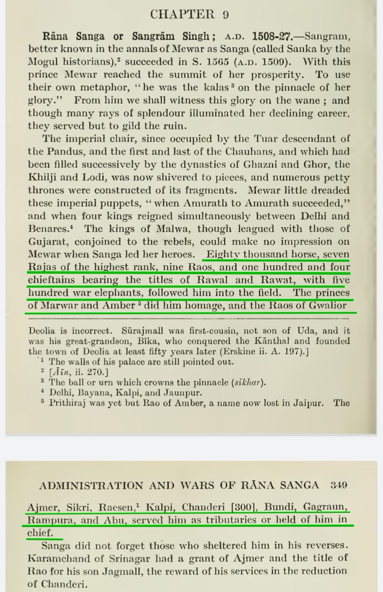 In Col. James Tod’s words “Eighty thousand horse, seven Rajas of the highest rank, nine Raos of Gwalior, Ajmer, Sikri, Raesen, Kalpee, Chanderi, Boondi, gagrown, Rampoora, and Aboo, served him as tributaries or held him in chief”Snippet from: Annals and Antiquities of Rajasthan