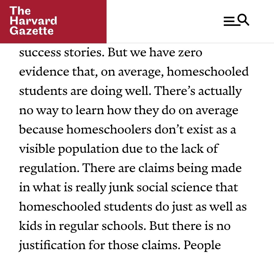 She denies the overwhelmingly positive evidence on homeschooling because it destroys her argumentShe calls it "junk science"Meanwhile she doesn't even cite any statistics to support her fearmongering claims.