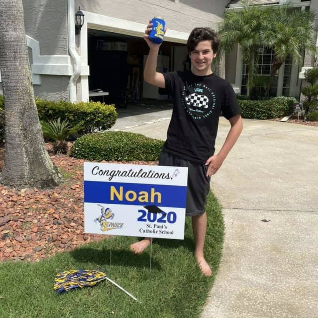 SPCS_Jax_Beach's tweet photo. This week 8th graders each got home visits by teachers, principal,&amp; vice principal bearing gifts&amp;signs! See FB&amp;IG 4 more pix!
#CatholicSchool #CatholicSchoolTeacher #CatholicSchoolPrincipal #Classof2020 #ItsDifferent #BecauseCorona #ProudofYou #8thGrade @dosacatholics @nceaorg https://t.co/efMAsO2Qsw