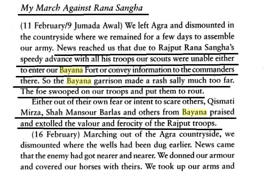 Babar himself mentioned Rana Sanga in Babarnama with a great respect. In fact, Babar had confessed that he was afraid of Rajput bravery, courage and heroism.Babur records how his troops were defeated by Rajput forces of Rana Sanga at Bayana. His troops praised Rajput Bravery.