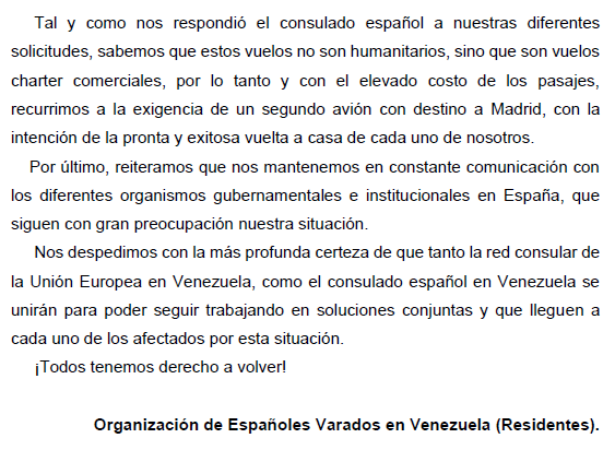 En este momento ponemos al conocimiento de todos nuestra situación con la siguiente carta abierta. <a href="/MAECgob/">Ministerio de Asuntos Exteriores, UE y Cooperación</a> <a href="/ConsEspCaracas/">Consulado General de España en Caracas</a> <a href="/EmbEspVenezuela/">EmbEspVenezuela</a> <a href="/EmbaFrancia/">Francia en Venezuela 🇫🇷🇻🇪</a> <a href="/jesussilvaf/">Jesús Silva</a> <a href="/el_pais/">EL PAÍS</a> <a href="/AlemaniaVzla/">Embajada de Alemania en Venezuela</a> @EmbajadoraUECCS <a href="/EmbajadaPolonia/">Embajada Venez-Pol</a> <a href="/ItalyinVEN/">Italy in Venezuela</a>